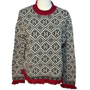 VTG 90s Talbots Large Winter Chalet Snowflake Fringe Knit Pullover Sweater Luxe